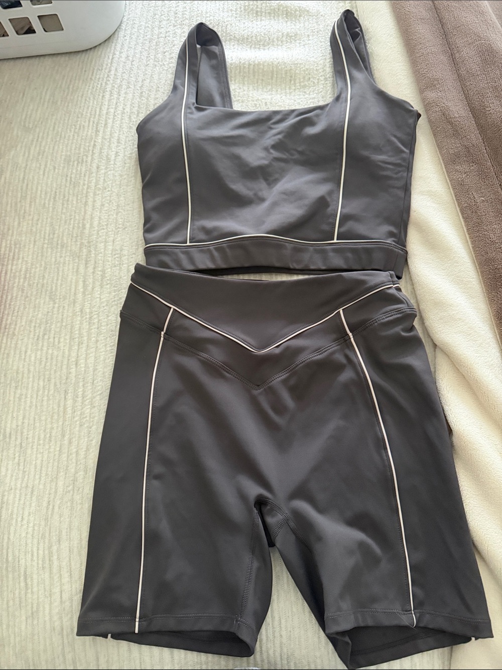 Grey Piped Athletic Tank Top and High-Waist Bike Shorts Set